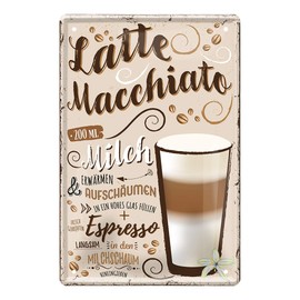 helges-shop Latte Macchiato Tin Sign - Retro Decorative Coffee Espresso Sign - Metal Sign for Decorating Kitchen Coffee Shop American Diner Cafe Bistro - Instructions Recipe Preparation - 20 x 30 cm