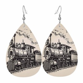 Train Earrings for Women Steam Locomotive Transport Railroad Railway Trip Vintage Sketch Teardrop Dangle Faux Leather Earrings Holiday Earrings