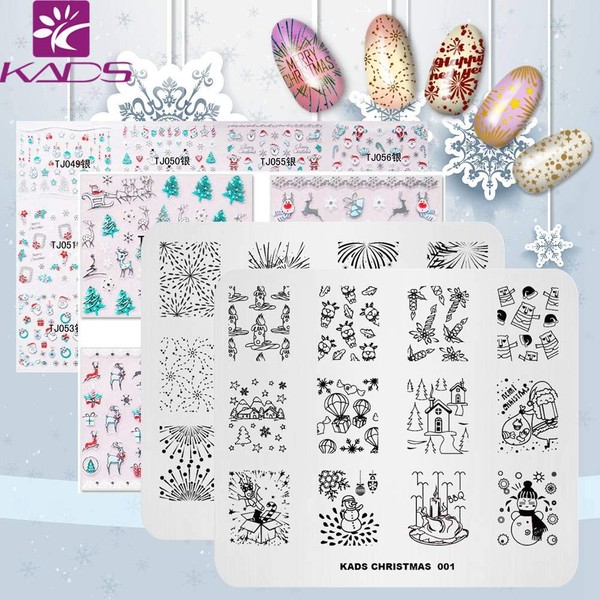 KADS 2 Pieces Christmas Nail Plate + 2 Pieces 3D Nail Sticker Template Image Design Plates for Nail Art Decoration and DIY Nail Art