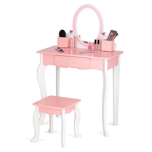 GYMAX Kids Dressing Table Set, Wooden Children Vanity Table with Stool, Detachable Mirror, Drawer & Pen Holders, 2 in 1 Girls Makeup Desk Set for 3-7 Years Old (Pink)