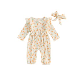 Baby Girl Easter Romper Carrot Bunny Print Ruffled Bodysuit Long Sleeve Full Length Button Jumpsuit with Headband (A-a-Carrot, 6-12 Months)