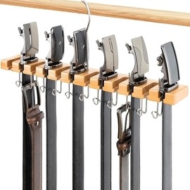 Wooden Belt Hanger for Closet 2-in-1 Wall Mount Belt Organizer Holder for Closet Organizer Storage, Ratchet Belt Rack Closet Accessories with 12 Slots & 11 Hooks