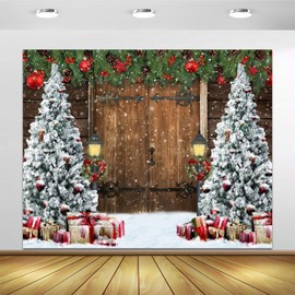 Christmas Backdrop 10x8ft Vinyl Barn Door Christmas Tree Snow Merry Christmas Photo Backdrop Farm Wood Door Xmas Wreath Snowflake Photoshoot Backdrop New Year Xmas Party Decor Photography Background