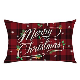 WENIANRU Merry Christmas Snowflakes Red Black Plaid Background Winter Home Sofa Chair Bed Decoration Lumbar Pillowcase Cotton Linen Decorative Throw Pillow Cover Case Rectangular 12 x 20 Inches