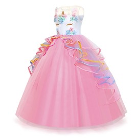 Yipkorra Unicorn Dress for Girls Unicorn Costume Pageant Princess Party Birthday Long Gown with Unicorn Headband & Necklace (Pink, 110 3-4 Years)