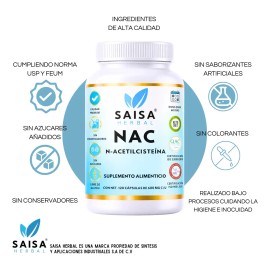 Nac Acetilcisteína 600 120 Cáps Saisa Herbal Suplemento Natural Antioxidante Apoyo Celular Bienestar Respiratorio