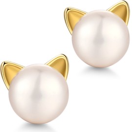 Miaofu Cat Stud Earrings, Pearl Earrings 18K White Gold, Plated 925 Sterling Silver Pearl Earrings, Hypoallergenic Pearl Earrings Hanging with Zirconia 8 - 13 mm Precious Jewellery for Women, Sterling Silver, Pearl