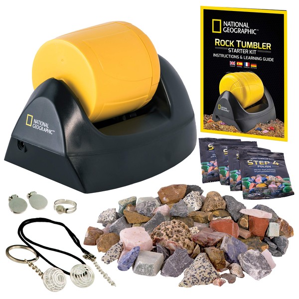 NATIONAL GEOGRAPHIC Starter Rock Tumbler Kit - Rock Polisher for Kids and Adults, Complete Rock Tumbler Kit, Durable Leak-Proof Tumbler, Rocks, Grit, and 5 Jewelry Fastenings, A Great STEM Hobby