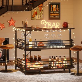 LITTLE TREE 3 Tier L-Shaped Home Bar Unit Liquor Bar Table, Corner Wine Bar Cabinet Mini Bars for Home Kitchen Pub, Rustic Brown