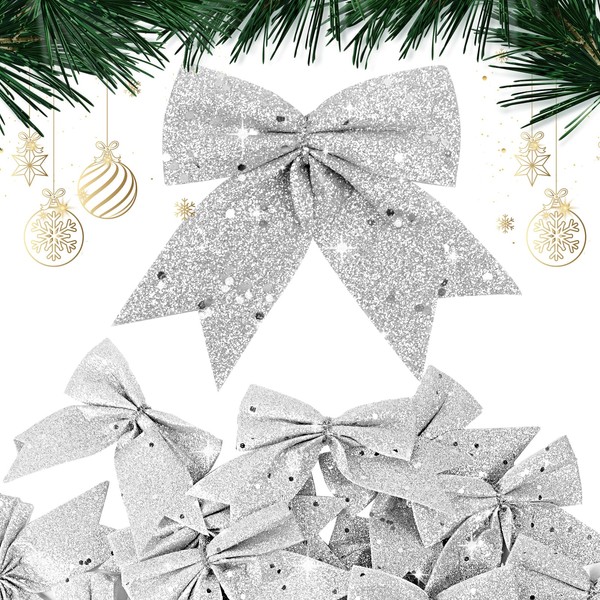 24 pcs Small Silver Glitter Bows for Christmas Tree Decoration Christmas Decorative Bows Christmas Tree Bow Christmas Bows Decorative Xmas Decor Wreath Ornament