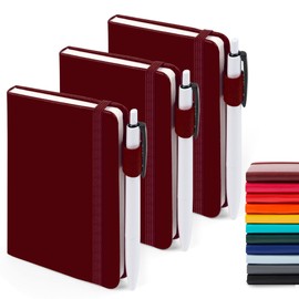 feela 3 Pack Pocket Notebook Journals with 3 Black Pens, A6 Mini Cute Small Journal Notebook Bulk Hardcover College Ruled Notepad with Pen Holder for Office School Supplies, 3.5”x 5.5”, Wine