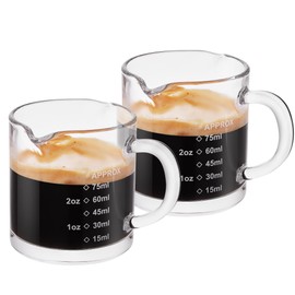Ackers 2 Pack Measuring Cups, 75ML/2.5OZ Espresso Cups with Handle, Espresso Shot Glasses with Double V-Shaped Mouth, Thickened Bottom and Wall, Milk Frothing Pitcher