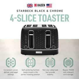 Haden Starbeck 4 Slice Wide Slot Stainless Steel Toaster with Adjustable Browning Control & Non-Slip Feet, Black & Chrome