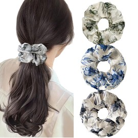 3 Pieces Lace Large Flower Scrunchies, Lace Hair Ties for Women girls Elegant lace hair ties ponytail thick curly hairs (light-colored)
