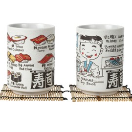 [LOVE LOVE JAPAN] Japanese Tea Cup Sushi-Yunomi Mino Ware with Bamboo Coaster (Set of 2) (Sushi Chef)