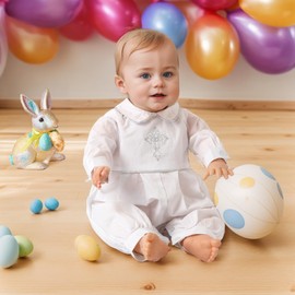 Booulfi 6-9 Months Boy Clothes Baptism Outfits For Boys White Long Sleeves Easter Christening Outfits Cotton Collared Catholic Cross Embroidery Baby Coy's Clothing