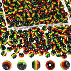 BENOSPACE 100 Pcs Rasta Jamaica Beads, 8mm Black Red Green Yellow Striped Round Acrylic Spacer Beads for DIY Bracelet Necklace Jewelry Making