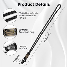 ELCJDZYO 2 Pcs Paracord Lanyard Keychain, 1* Long and 1*Short Heavy Duty Braided keychain lanyard for Outdoor Activities, Camera, Keys, Wallets, Phones, Whistle, Traveling -Black