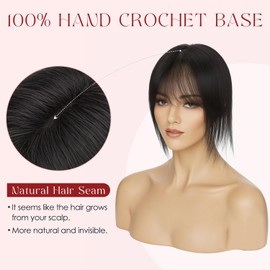 Clip in Human Hair Topper with Bangs for Women,S-noilite 360° Cover 3D Bangs Real Hair Toppers Natural Black Clip on Fake Bangs Hairpiece for Daily Wear Hand Crochet Silk Base Topper (Natural Black)