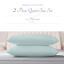 Carressa Linen 100% Egyptian Cotton Pillow Cases Set of 2-600 Thread Count Seafoam Green Standard/Queen Pillowcase for Sleeping, Soft, Silky Sateen Bed Pillow Cover, Extra Long Staple Pillowcases