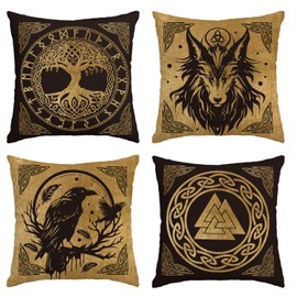 Artoid Mode Set of 4 Gold Viking Futhark Runes Odin Tree of Life Wolf Raven Cushion Covers, Couch, Living Room Decoration, 45 x 45 cm