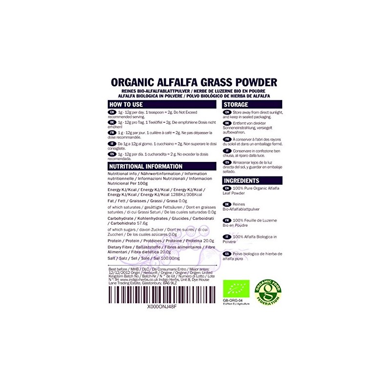 Indigo Herbs Organic Alfalfa Leaf Powder 250g