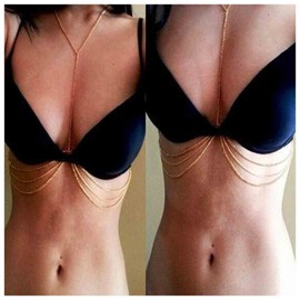Yheakne Boho Layered Bra Body Chain Gold Bikini Bra Chain Necklace Long Slave Body Chain Summer Beach Body Jewelry for Women and Girls (Style A)