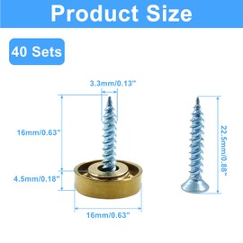 Unlorspy 40 Sets Mirror Decorative Screws with Caps,16mm/0.63 inch Stainless Steel Screw Cover Caps Mirror Screws Fasteners for Mirrors, Tea Tables,Wardrobes and Other Glass Furnitures,Gold