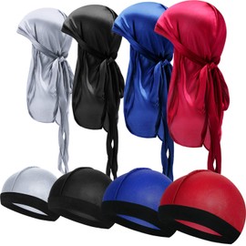 8 tapas sedosas Durag elásticas onduladas largas para la cabeza con correas anchas, Rojo, gris, negro, azul real., Large