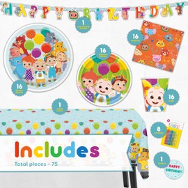 Cocomelon Party Supplies Set | Cocomelon Birthday Party Supplies and Decorations | Serves 16 Guests | With Banner, Table Cover, Plates, Napkins, Cups and Sticker