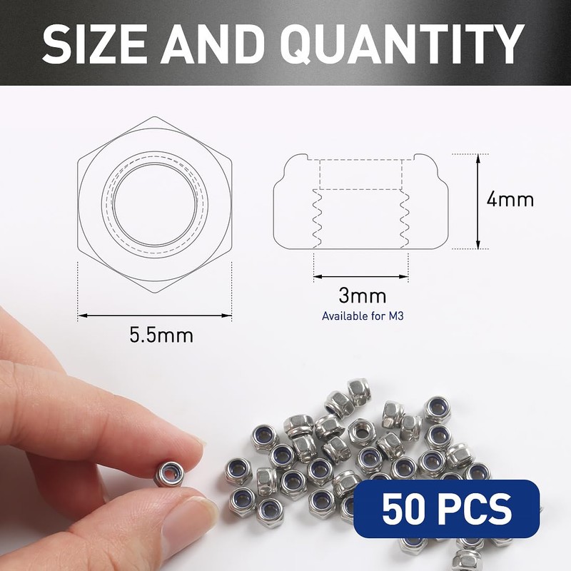 BOUMVID Hexagonal Nuts M3, Pack of 50 Self-Locking Nuts Lock