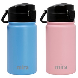 MIRA Two Pack 12 oz Kids Water Bottle with Spout Lid - Vacuum Insulated Stainless Steel Thermo Flask Keeps Cold for 24 Hours, Hot for 12 Hours - Sky & Pink