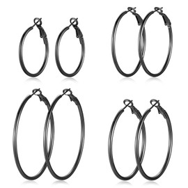 PICKBEAU Black Large Hoop Earrings for Women | 14K Plated Hypoallergenic Big Round Circle Hoops Stainless Steel Womens Loop Dangle Earrings Set (30/40/50/60mm)