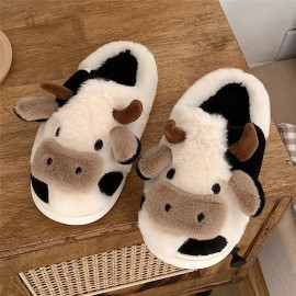 XIXITIAO Cute Cow Plush for Slippers for Women Indoor Summer Warm Home Shoes with PVC Cotton Fabric Platform StyleColor: White, US Size: 42-43 (9 Women/8 Men)