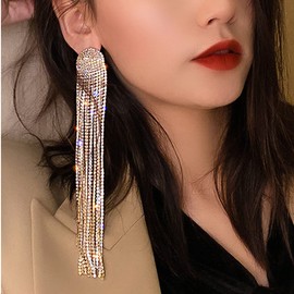 Wekicici Long Rhinestones Tassel Earrings Crystal Chandelier Tassel Long Big Statement Chain Dangle Drop Earrings for Women, Crystal Metal Zinc Rhinestone