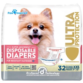 Paw Inspired Disposable Dog Diapers | Female Dog Diapers Ultra Protection | Diapers for Dogs in Heat, Excitable Urination, or Incontinence (XXS (32 Count))