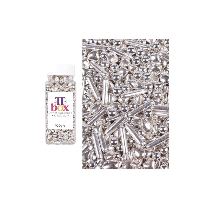 Sprinkles Silver Premium 100 grs,| Presentacion Frasco Transparente de 100grs,