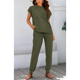 BTFBM 2 Piece Outfits for Women Summer Casual Short Sleeve Tops and Long Pants Lounge Sets Tracksuits(Solid Army Green,X-Large)