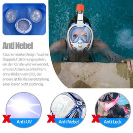 Tyuodna Snorkel Mask Adults and Children, Diving Mask, Full Face Mask, CO2 Safe, 180 Degree Vision, Diving Mask, Full Mask, Anti-Fog Snorkeling Mask with Camera Position (White Blue, S/M)