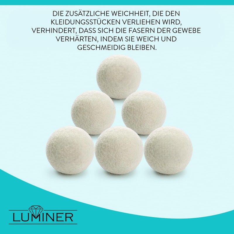 Luminer Tumble Dryer Balls, 6 x Low Noise Wool Balls