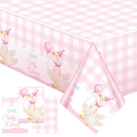 Oudain 3 Pcs Pink One Silly Goose Tablecloth Goose Baby Shower Party Tablecloth Decorations Disposable Little Pink Gingham 1st Birthday Table Cover for Birthday Party Supplies