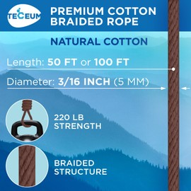 TECEUM Cotton Rope 3/16” (5 mm) – 50 FT – Strong All-Purpose Braided Rope – Natural Cotton – for Crafting, Сamping, Clothes Line, DIY, Indoor & Outdoor Use – Brown