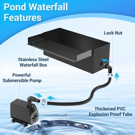 NFESOLAR Pond Waterfall Spillway Kit for Outdoor Pond up to 2000 Gallons, Includes 12.2" W Stainless Steel Pond Waterfall Box, 660GPH Ultra-Quiet Water Pump, 10FT Corrugated Tubing N4311