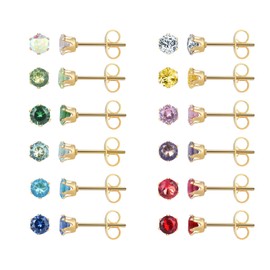 12 Pairs 18K Gold Plated Surgical Stainless Steel Stud Earring, Cubic Zirconia CZ Stud Earrings for Women, Multicolor Birthstone Stud Earrings Set 3mm (Prong 3mm)