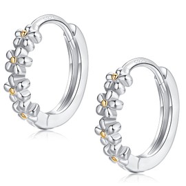 Silver Hoop Earrings for Women, Dainty Sterling Silver Small Huggie Hoop Earrings | Hypoallergenic Daisy Flower Hoops Earring Jewellery Gifts for Ladies Girls Birthday Wedding, 10mm Hoop