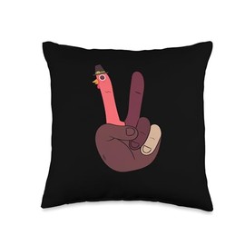 Turkey Meat Thanksgiving Shirt Pilgrim Costume Thanksgiving Day Turkey Hand Peace Sign Funny Food Dinner Throw Pillow, 16x16, Multicolor
