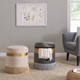 MAKLAINE Round Contemporary Velvet Storage Ottoman in Serene Cream/Gold