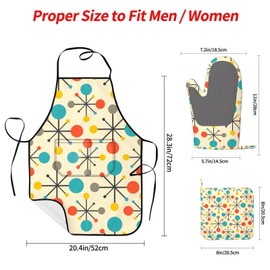 BOKEKANG Mid Century Fifties Modern Atomic Retro Colors Oven Mitts and Pot Holders With Apron Set of 5 Silicone Kitchen Mitten and Non-Slip Potholders Apron Set Heat Resistant Oven Gloves Hot Pads Set