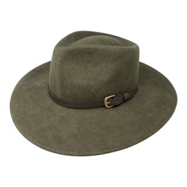 B&S Premium Lewis - Wide Brim Fedora Hat - 100% Wool Felt - Water Resistant - Leather Band - Olive Green 54