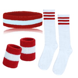 Sucrain 5 Pieces Striped Sweatbands and Socks Set, Sports Sweatbands Wrist Sweat Red&White Bands High Tube Socks 80s Accessories Costumes for Men Women (Red+White)